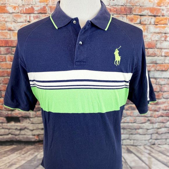 Polo Ralph Lauren Navy Green Striped Snap Polo L - Picture 4 of 5